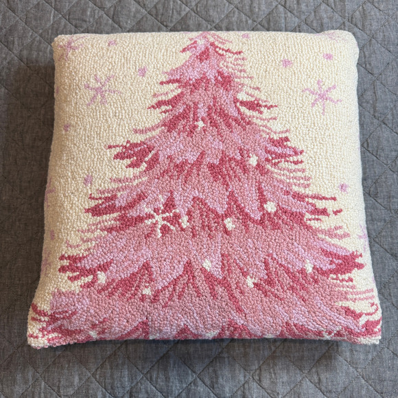 100% Wool Pink Christmas Tree Hook Pillow with Cream Velvet Backing NEW - Picture 5 of 9